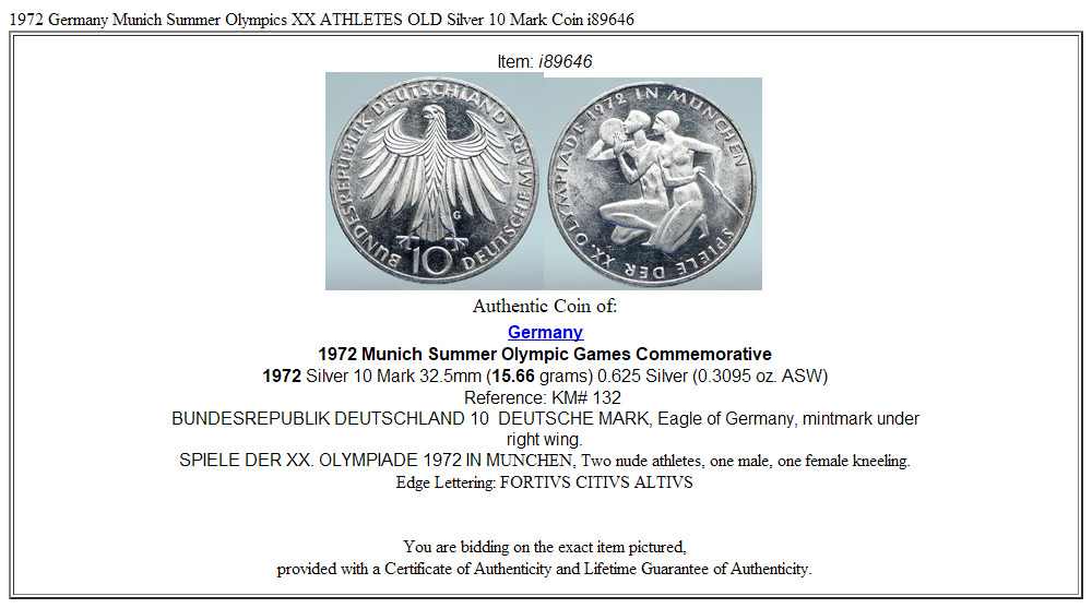 1972 Germany Munich Summer Olympics XX ATHLETES OLD Silver 10 Mark Coin i89646