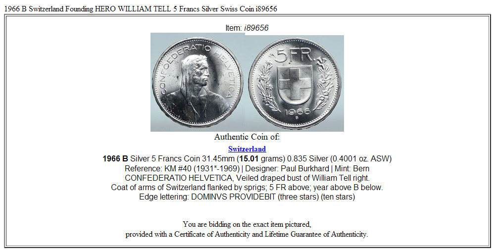 1966 B Switzerland Founding HERO WILLIAM TELL 5 Francs Silver Swiss Coin i89656