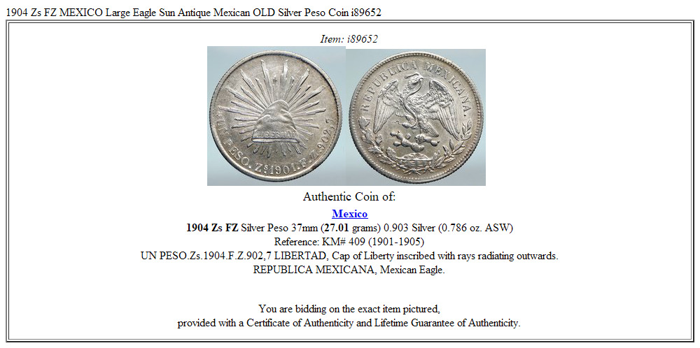 1904 Zs FZ MEXICO Large Eagle Sun Antique Mexican OLD Silver Peso Coin i89652