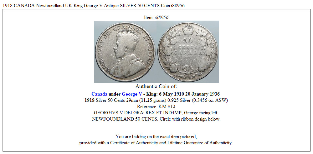 1918 CANADA Newfoundland UK King George V Antique SILVER 50 CENTS Coin i88956