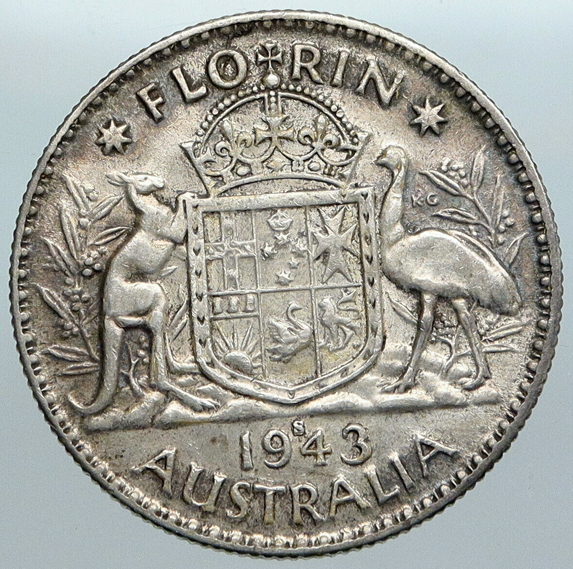 1943 AUSTRALIA Large King George VI Kangaroos VINTAGE Silver Florin Coin i88950