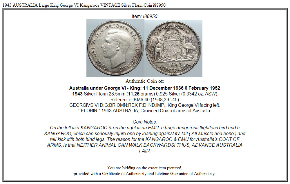 1943 AUSTRALIA Large King George VI Kangaroos VINTAGE Silver Florin Coin i88950