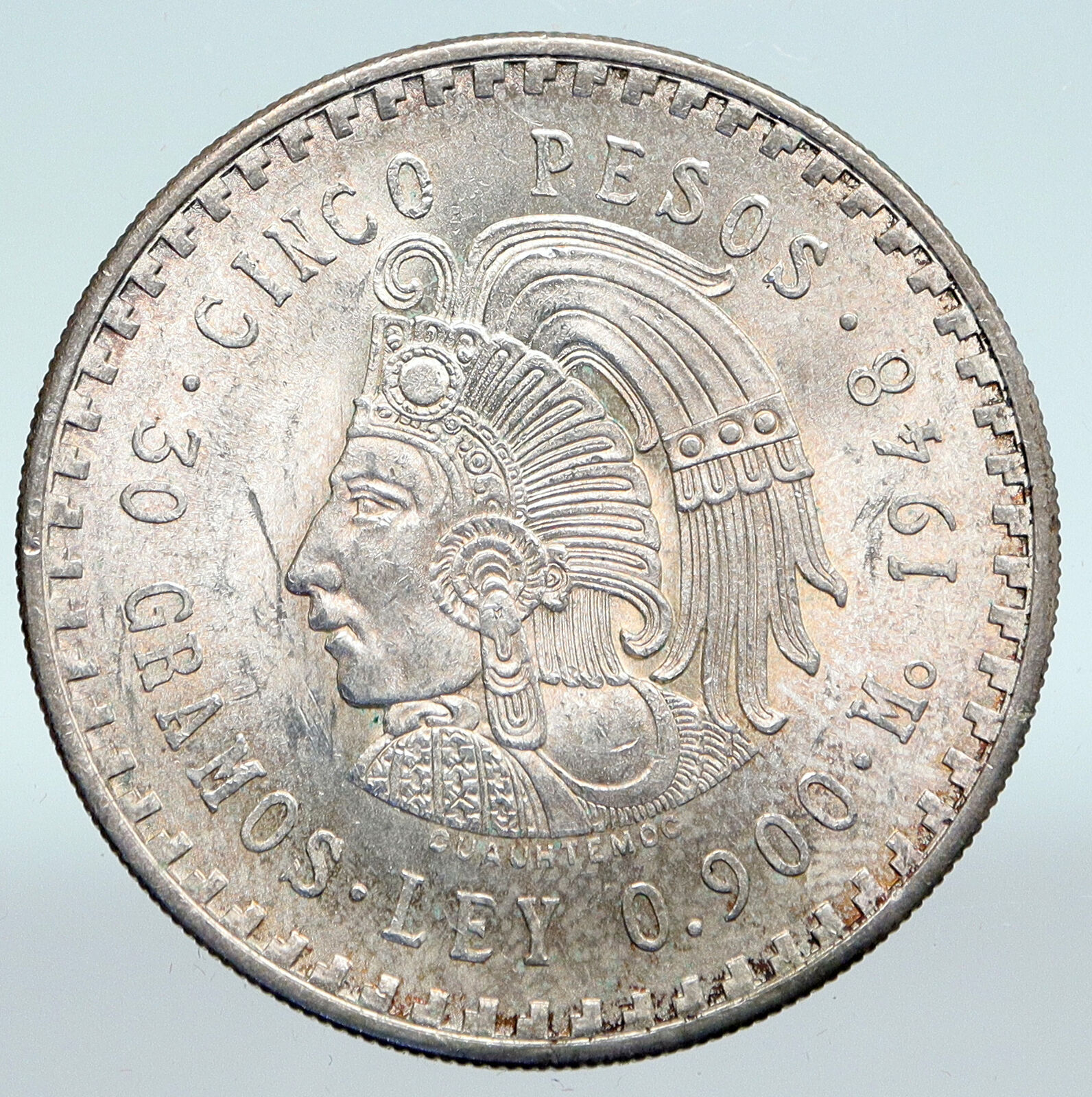 1948 MEXICO Aztec Chieftain CUAUHTEMOC Eagle Genuine Silver 5 Peso Coin i89657