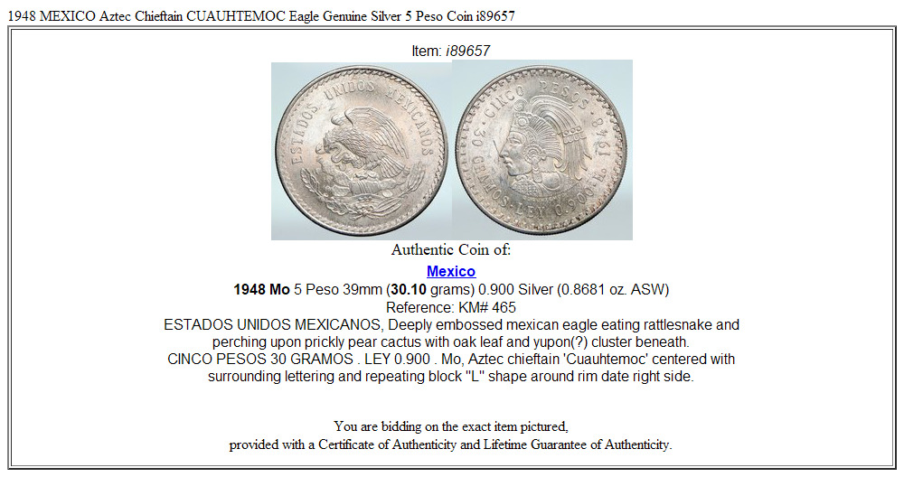 1948 MEXICO Aztec Chieftain CUAUHTEMOC Eagle Genuine Silver 5 Peso Coin i89657