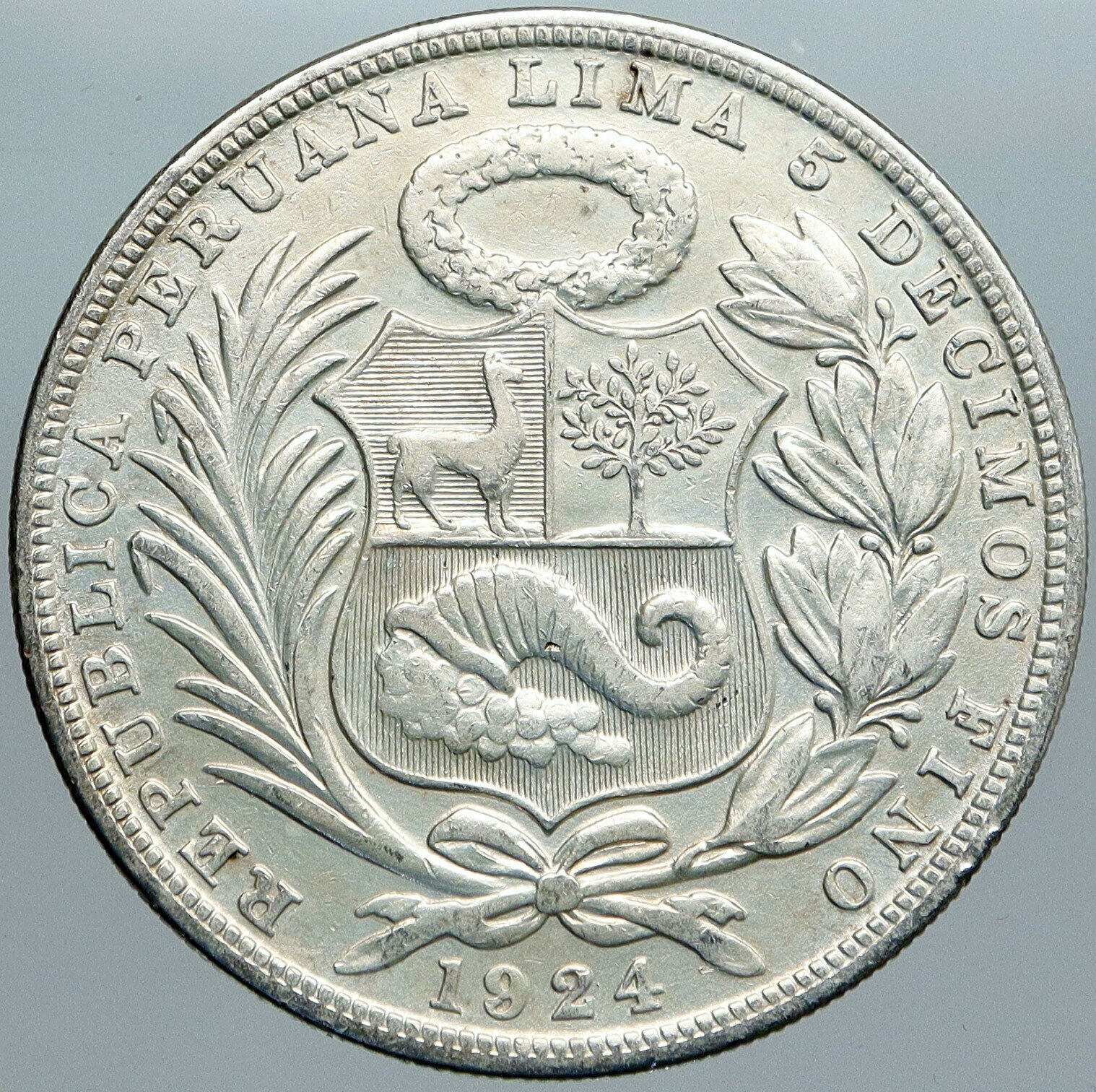 1924 PERU South America 1 SOL Antique BIG Original Silver Peruvian Coin i88952