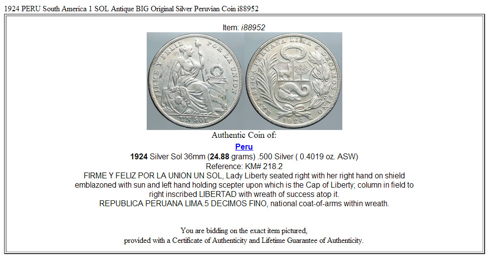 1924 PERU South America 1 SOL Antique BIG Original Silver Peruvian Coin i88952