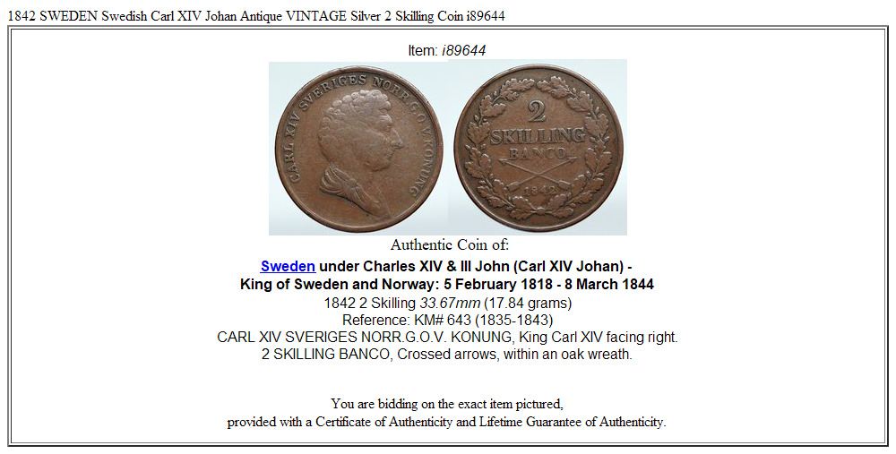 1842 SWEDEN Swedish Carl XIV Johan Antique VINTAGE Silver 2 Skilling Coin i89644