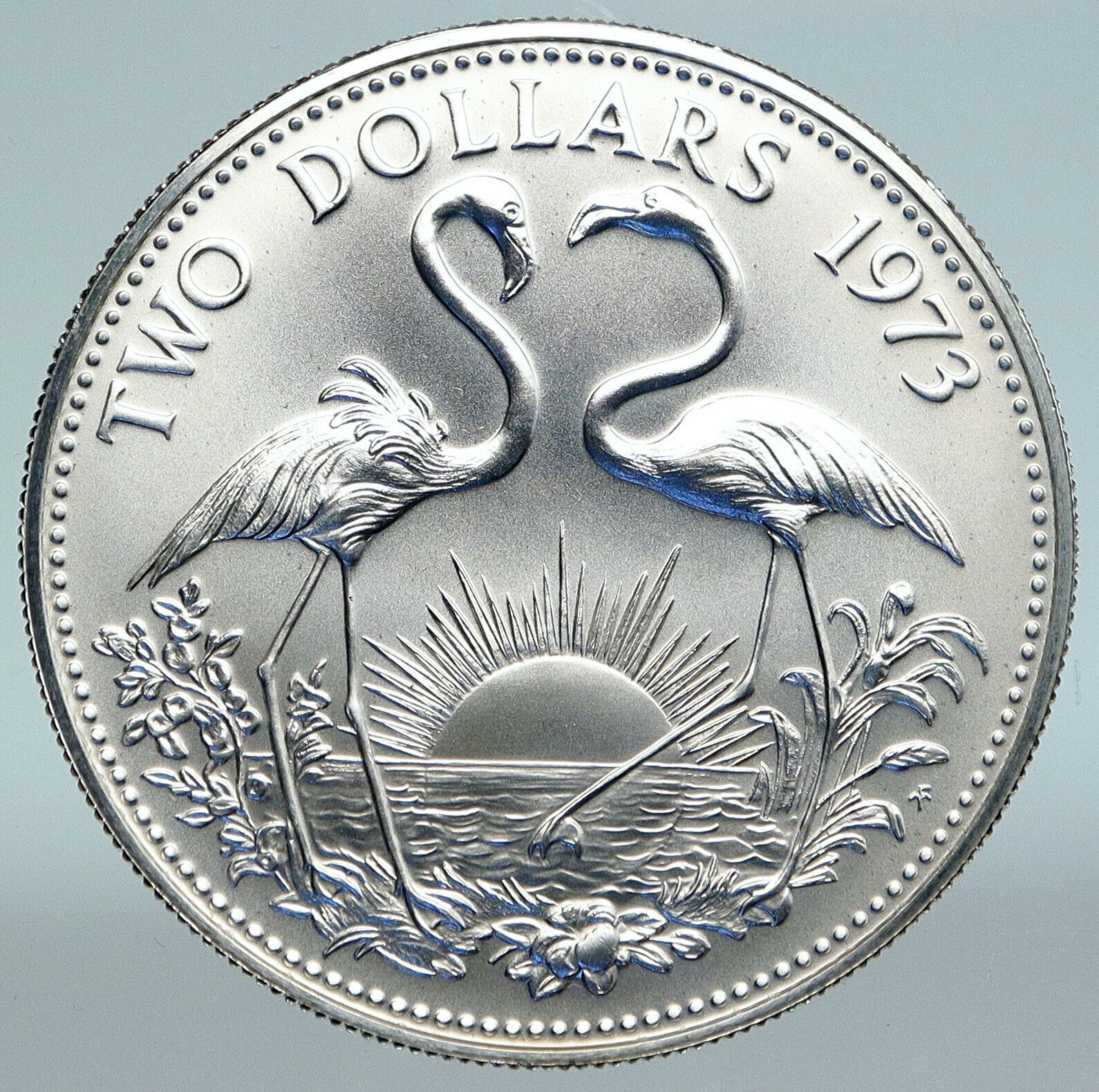 1973 The BAHAMAS Old Queen Elizabeth II FLAMINGO Old Proof Silver $2 Coin i89649