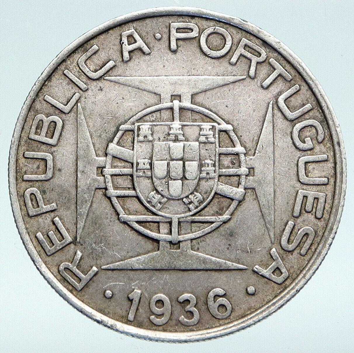 1936 PORTUGAL Colony MOZAMBIQUE Antique Vintage Silver 10 Escudos Coin i89647