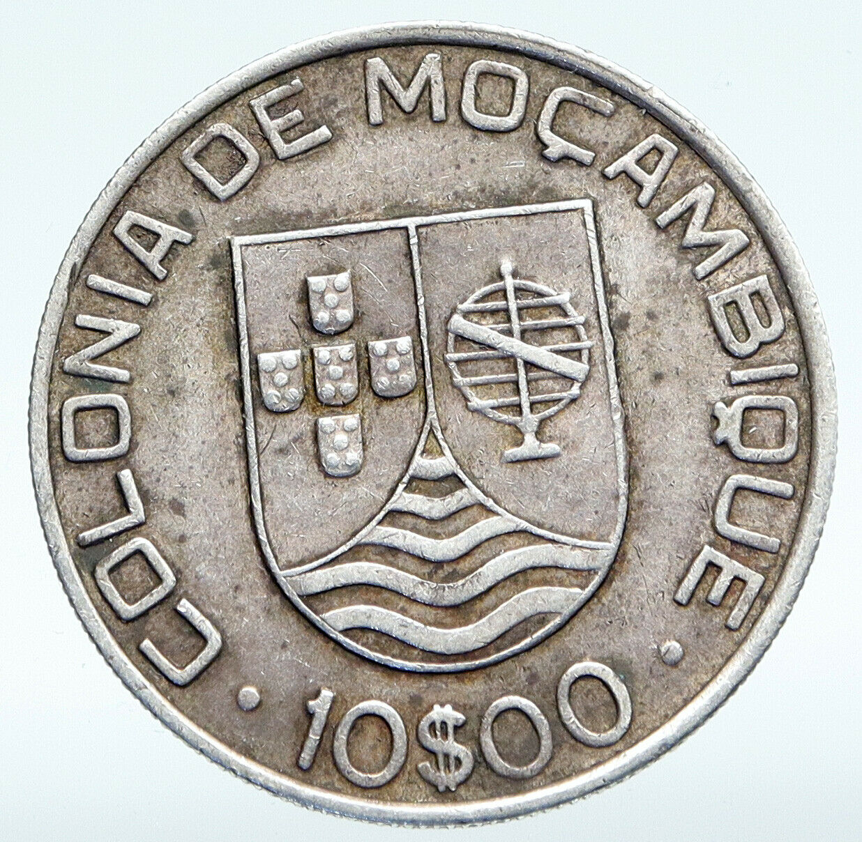 1936 PORTUGAL Colony MOZAMBIQUE Antique Vintage Silver 10 Escudos Coin i89647