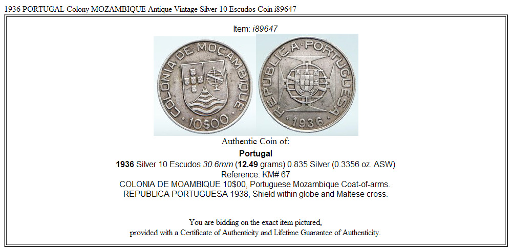 1936 PORTUGAL Colony MOZAMBIQUE Antique Vintage Silver 10 Escudos Coin i89647