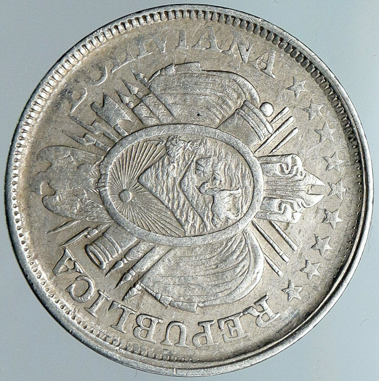 1897 CB BOLIVIA Antique Wreath Eagle Hill Genuine 50 Centavos Silver Coin i88947