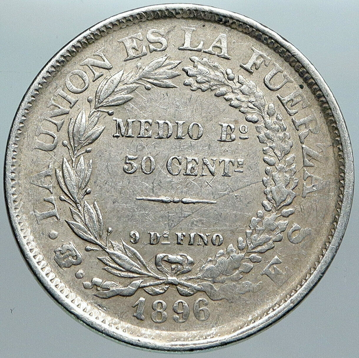 1897 CB BOLIVIA Antique Wreath Eagle Hill Genuine 50 Centavos Silver Coin i88947