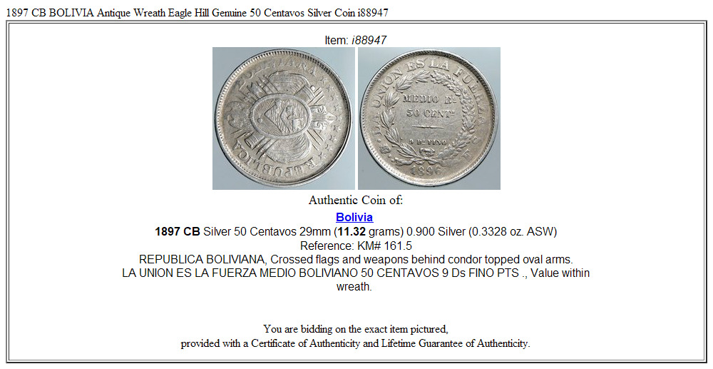 1897 CB BOLIVIA Antique Wreath Eagle Hill Genuine 50 Centavos Silver Coin i88947