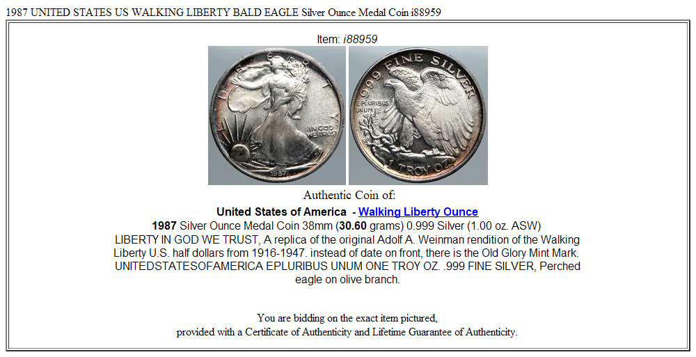 1987 UNITED STATES US WALKING LIBERTY BALD EAGLE Silver Ounce Medal Coin i88959