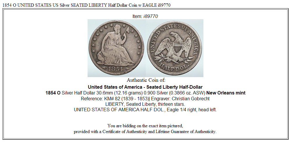 1854 O UNITED STATES US Silver SEATED LIBERTY Half Dollar Coin w EAGLE i89770