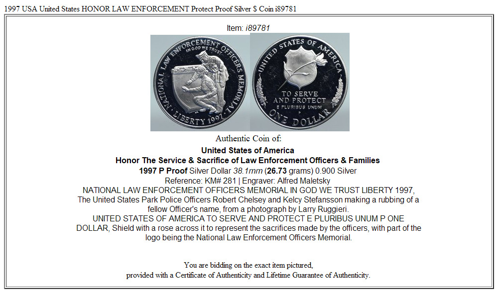 1997 USA United States HONOR LAW ENFORCEMENT Protect Proof Silver $ Coin i89781