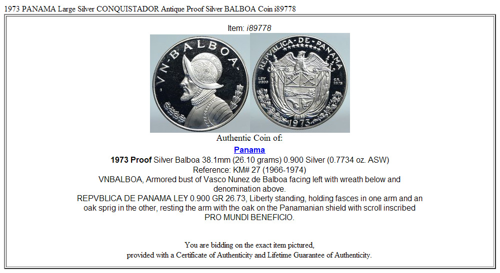 1973 PANAMA Large Silver CONQUISTADOR Antique Proof Silver BALBOA Coin i89778