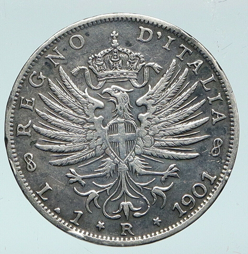 1901 ITALY King Victor Emmanuel III EAGLE Old Italian Silver Lira Coin i89817