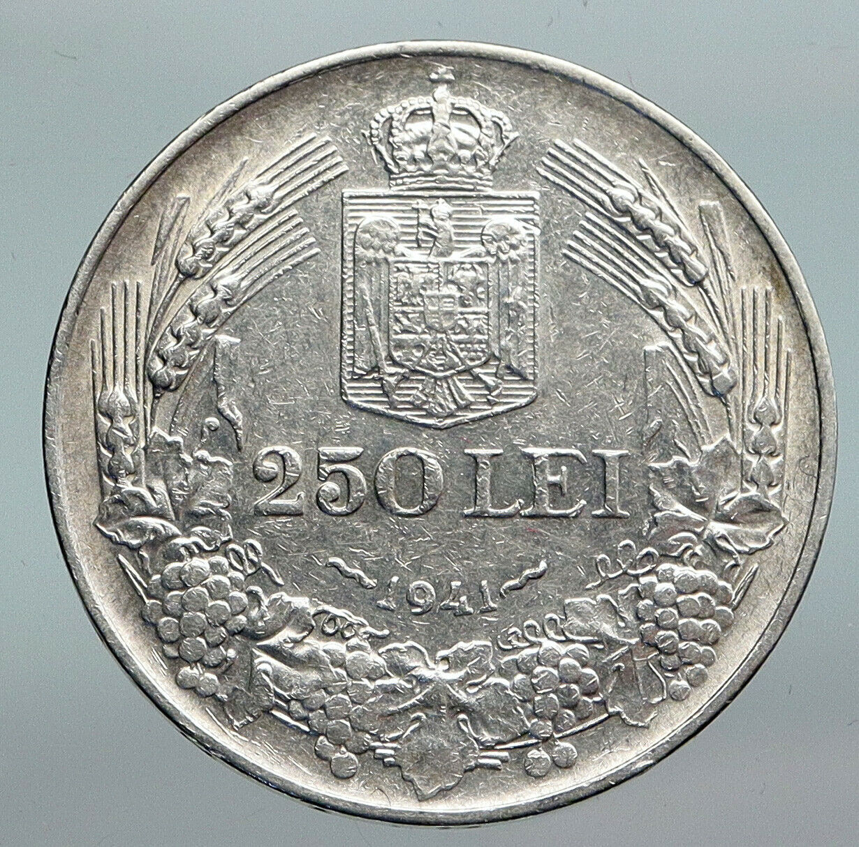 1941 ROMANIA King Charles II Shield VINTAGE Silver 250 Lei Romanian Coin i90305