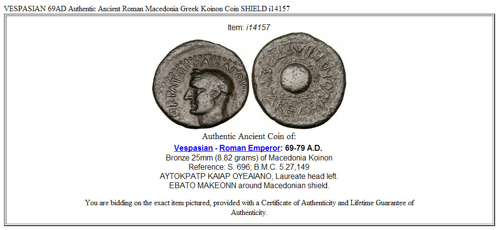 VESPASIAN 69AD Authentic Ancient Roman Macedonia Greek Koinon Coin SHIELD i14157