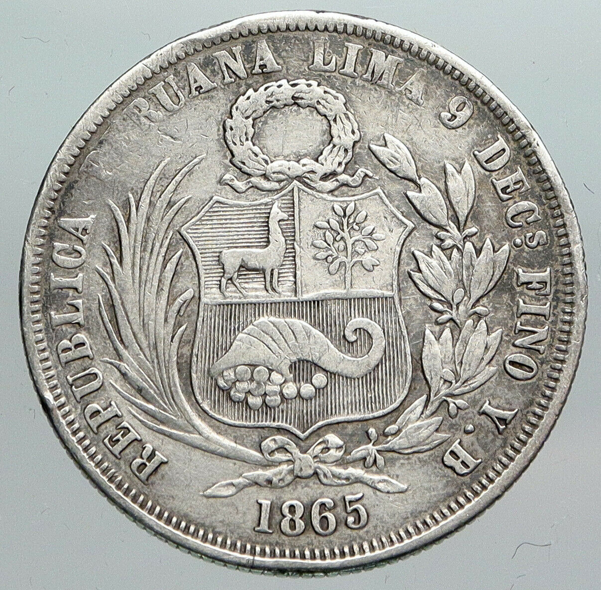 1865 YJ PERU South America 1 SOL Antique OLD VINTAGE Silver Peruvian Coin i90509