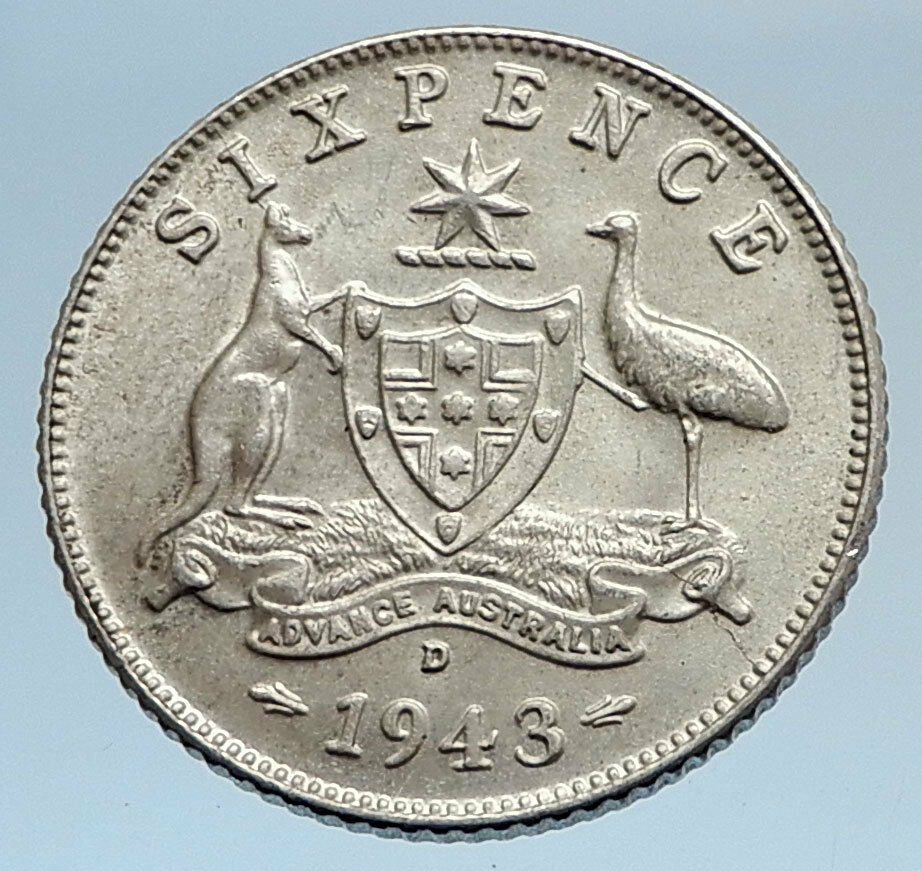 1943 AUSTRALIA UK King George VI Kangaroos Genuine Silver Sixpence Coin i74306