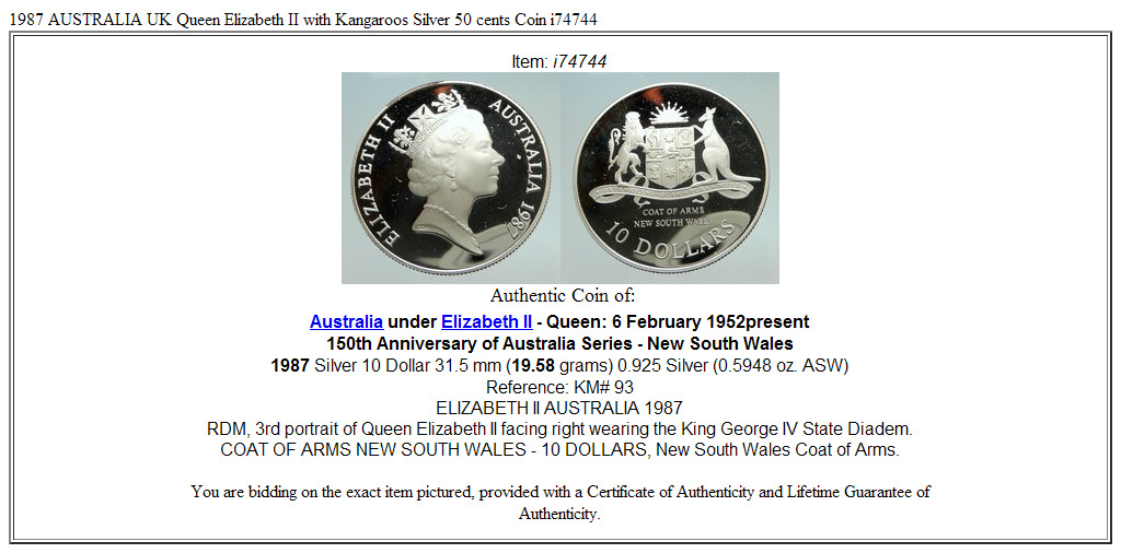 1987 AUSTRALIA UK Queen Elizabeth II with Kangaroos Silver 10 Dollar Coin i74744