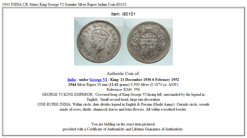 1944 INDIA UK States King George VI Genuine Silver Rupee Indian Coin i80101