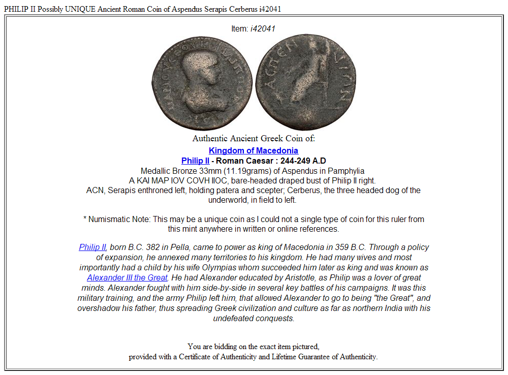 PHILIP II Possibly UNIQUE Ancient Roman Coin of Aspendus Serapis Cerberus i42041