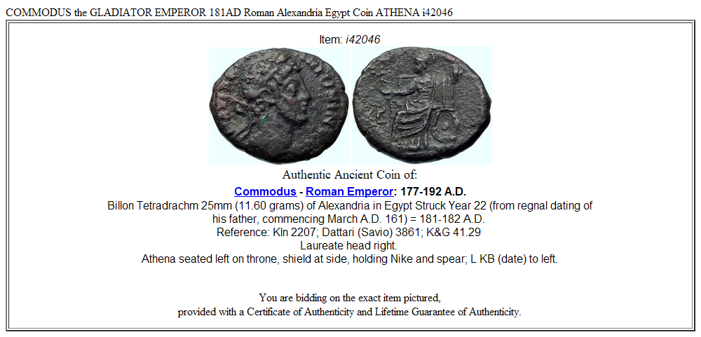 COMMODUS the GLADIATOR EMPEROR 181AD Roman Alexandria Egypt Coin ATHENA i42046