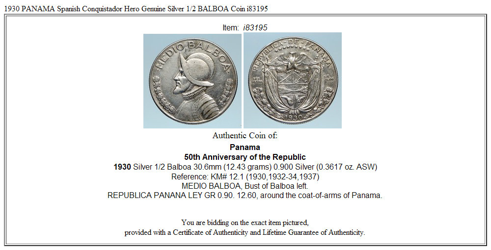 1930 PANAMA Spanish Conquistador Hero Genuine Silver 1/2 BALBOA Coin i83195