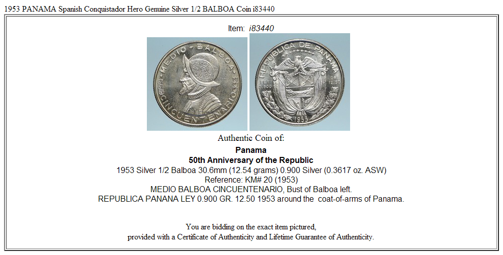 1953 PANAMA Spanish Conquistador Hero Genuine Silver 1/2 BALBOA Coin i83440