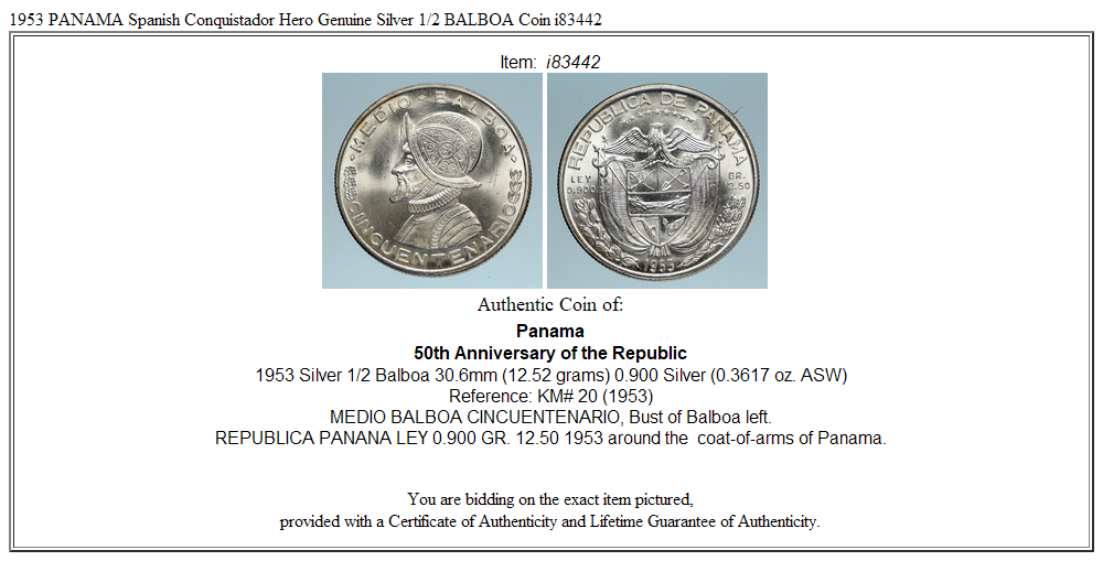 1953 PANAMA Spanish Conquistador Hero Genuine Silver 1/2 BALBOA Coin i83442