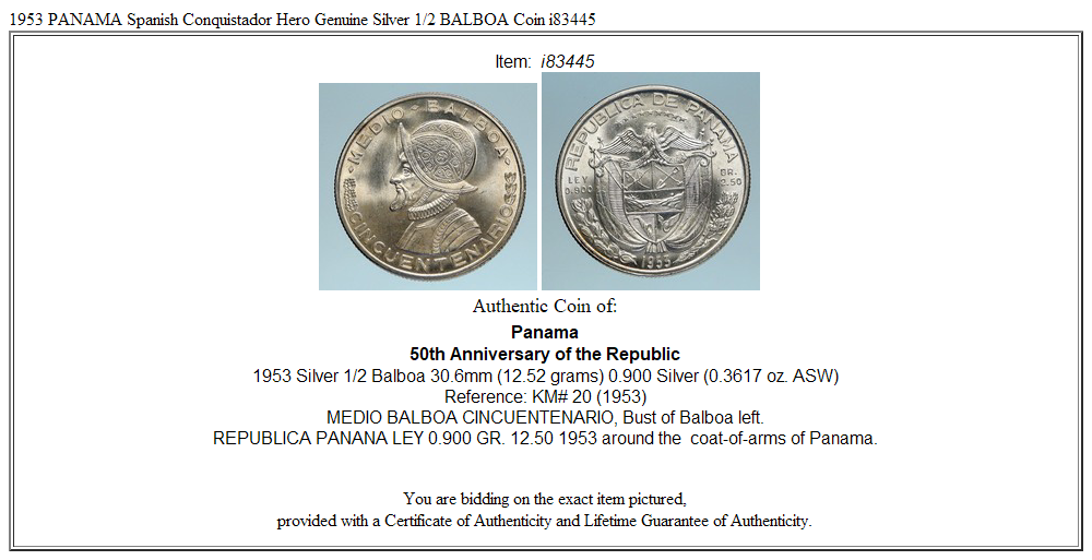 1953 PANAMA Spanish Conquistador Hero Genuine Silver 1/2 BALBOA Coin i83445