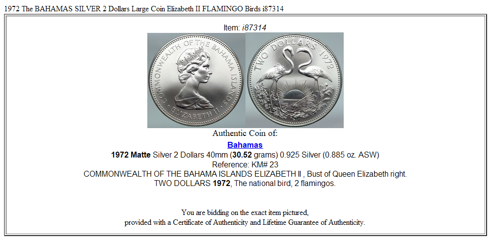 1972 The BAHAMAS SILVER 2 Dollars Large Coin Elizabeth II FLAMINGO Birds i87314