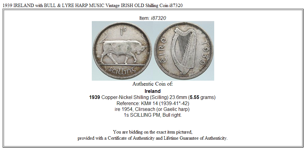 1939 IRELAND with BULL & LYRE HARP MUSIC Vintage IRISH OLD Shilling Coin i87320