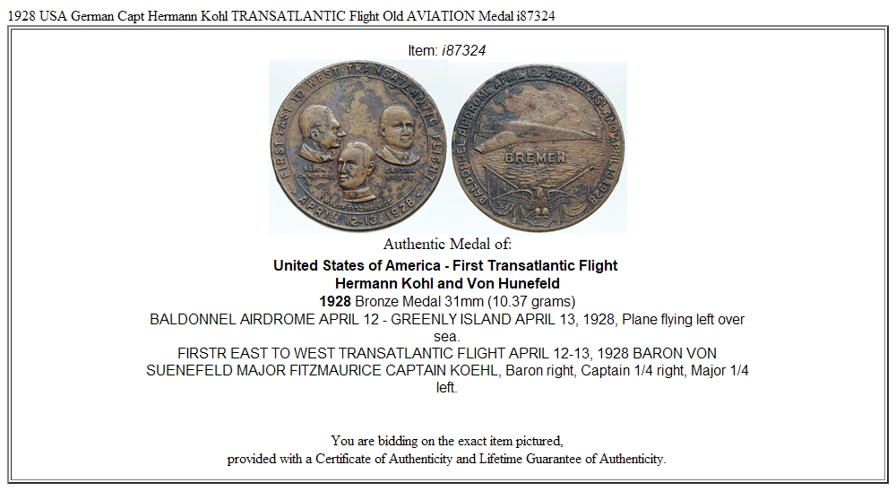 1928 USA German Capt Hermann Kohl TRANSATLANTIC Flight Old AVIATION Medal i87324