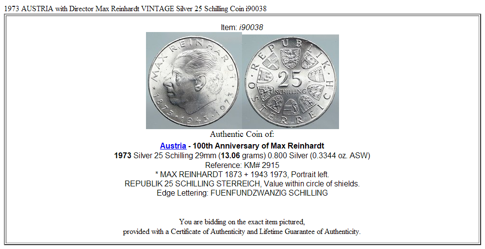 1973 AUSTRIA with Director Max Reinhardt VINTAGE Silver 25 Schilling Coin i90038