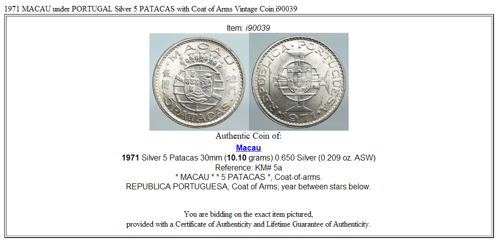 1971 MACAU under PORTUGAL Silver 5 PATACAS with Coat of Arms Vintage Coin i90039