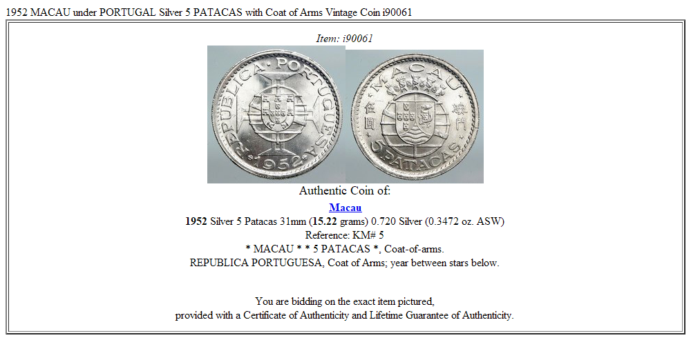 1952 MACAU under PORTUGAL Silver 5 PATACAS with Coat of Arms Vintage Coin i90061