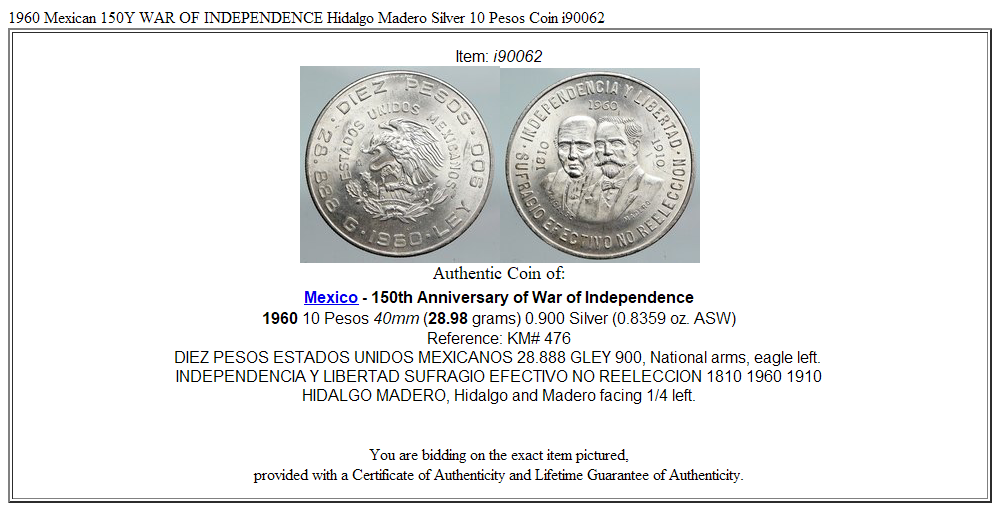 1960 Mexican 150Y WAR OF INDEPENDENCE Hidalgo Madero Silver 10 Pesos Coin i90062