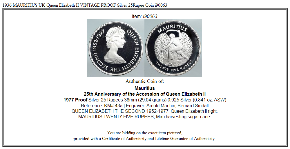 1936 MAURITIUS UK Queen Elizabeth II VINTAGE PROOF Silver 25Rupee Coin i90063