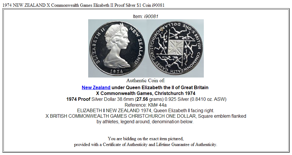 1974 NEW ZEALAND X Commonwealth Games Elizabeth II Proof Silver $1 Coin i90081