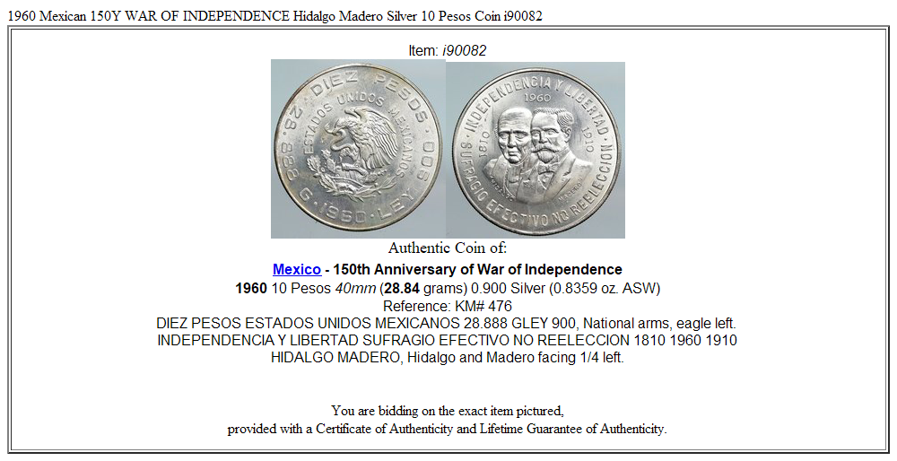 1960 Mexican 150Y WAR OF INDEPENDENCE Hidalgo Madero Silver 10 Pesos Coin i90082