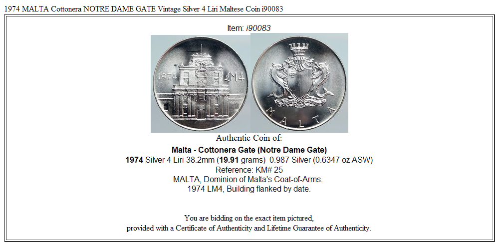 1974 MALTA Cottonera NOTRE DAME GATE Vintage Silver 4 Liri Maltese Coin i90083