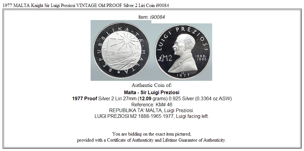 1977 MALTA Knight Sir Luigi Preziosi VINTAGE Old PROOF Silver 2 Liri Coin i90084