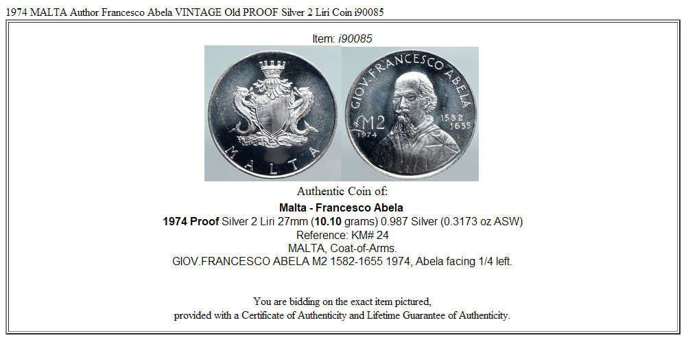 1974 MALTA Author Francesco Abela VINTAGE Old PROOF Silver 2 Liri Coin i90085