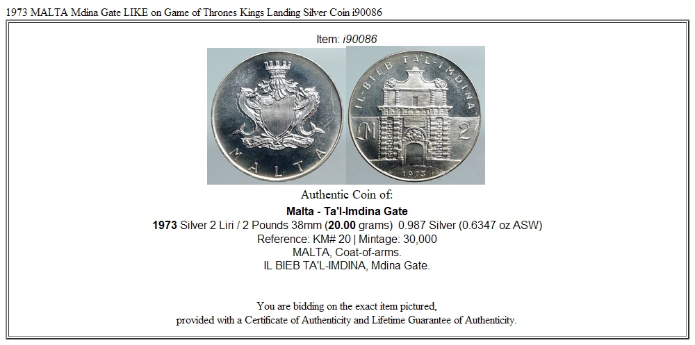 1973 MALTA Mdina Gate LIKE on Game of Thrones Kings Landing Silver Coin i90086