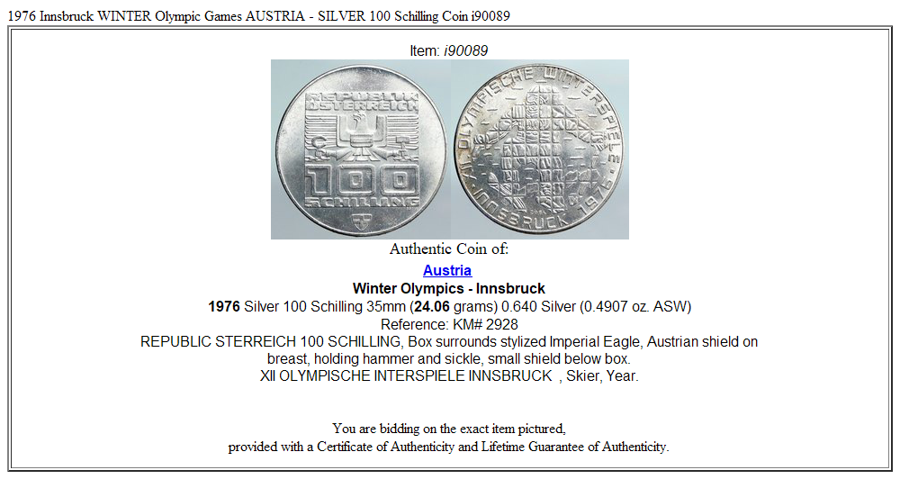 1976 Innsbruck WINTER Olympic Games AUSTRIA - SILVER 100 Schilling Coin i90089